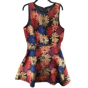 Tahari Fit Flare Dress Womens 10 Multicolor Floral Jacquard Metallic Feminine